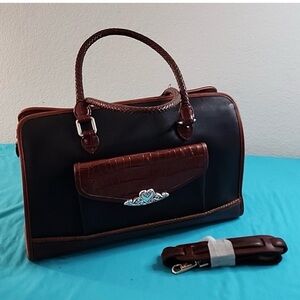 Brighton Black & Brown Leather Laptop Bag Briefcase Heart Hardware Work Tote